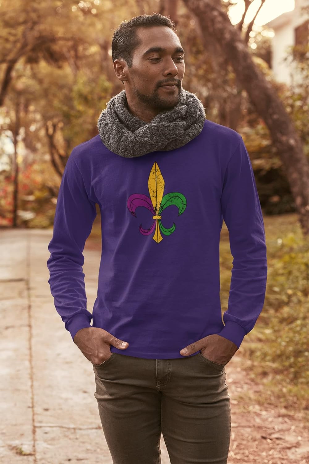 Mardi Gras Fleur De Lis Distressed Adult Long Sleeve T-Shirt - Image 3