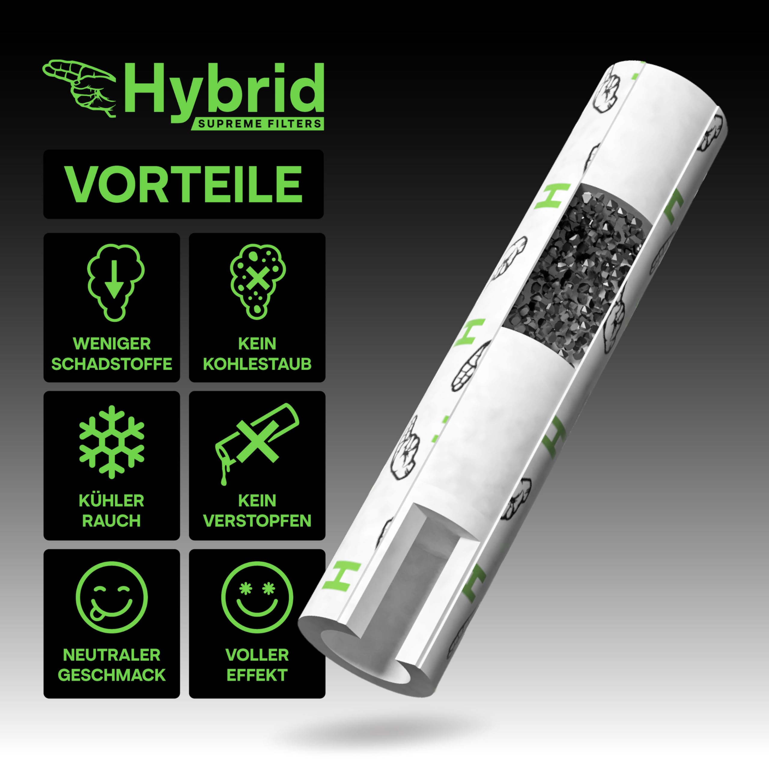 Hybrid Supreme Aktivkohlefilter - 6,4mm Slim Filter - 1000 Filter Vorratspackung - Reduziert Aktivkohlestaub & Schadstoffe – Kein Verstopfen & kühler Rauch – Designed in Austria