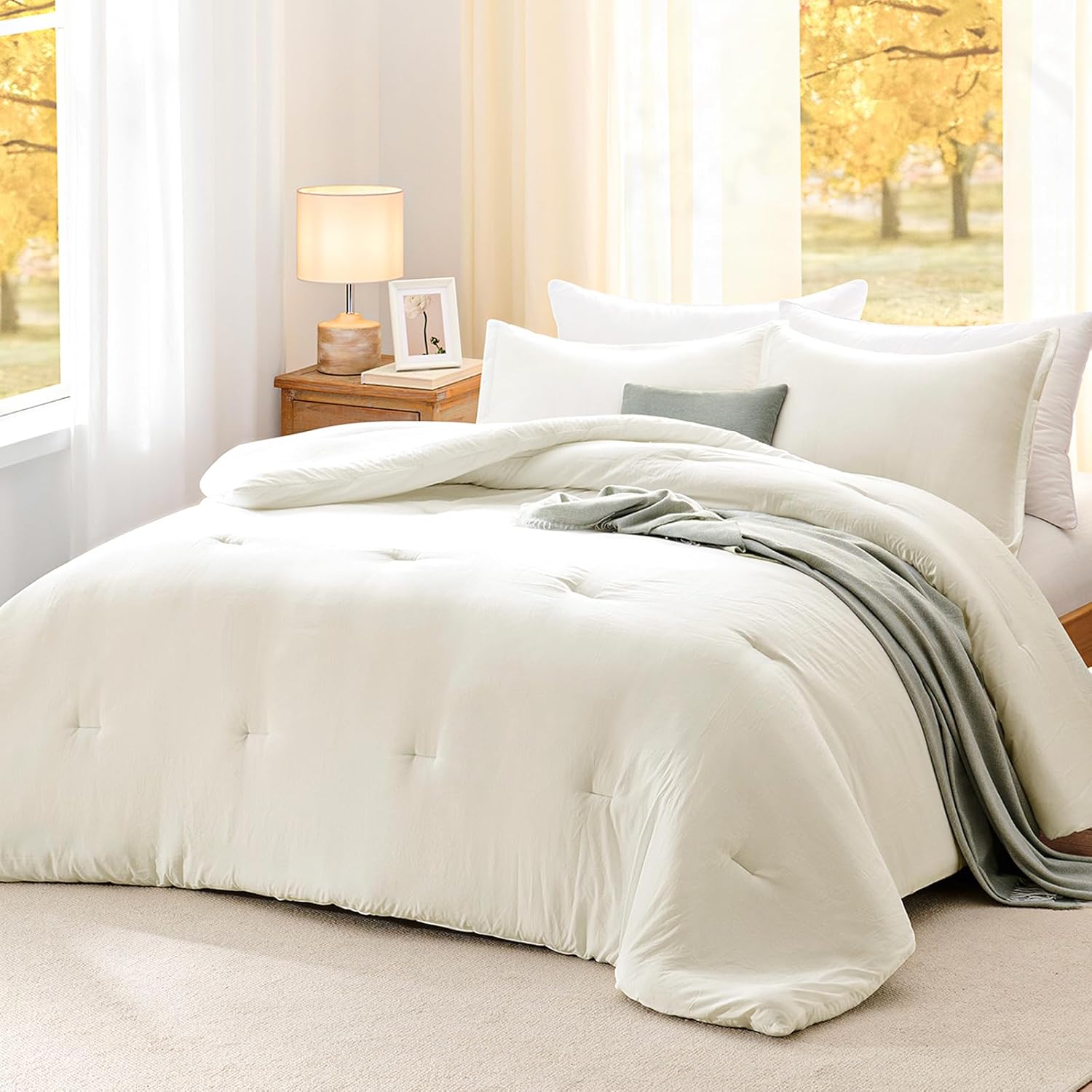 Queen Comforter Sets Beige,3PCS Soft Lightweight Breathable Bedding Comforter Sets for All Season, Queen Size(90''×90'' Comforter & 2 Pillowcases) - Image 7