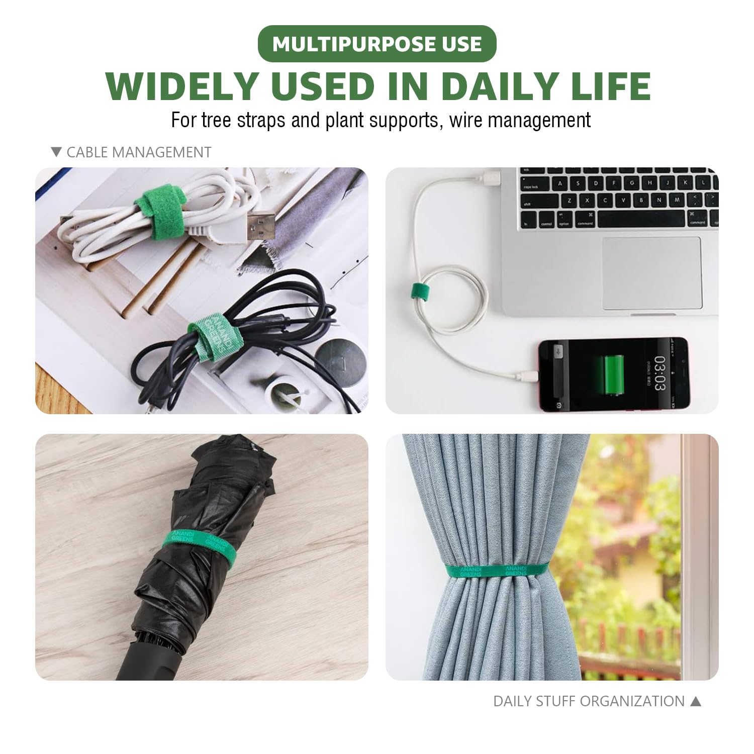Anandi Green's 1 Meter x 12 MM Plant Ties Reusable Adjustable Gentle Plants Supports for Effective Growing Multi Use Support Tie Tape for Gardening Wire Organizer Cable Management (5, Green) - Image 4 thumbnail