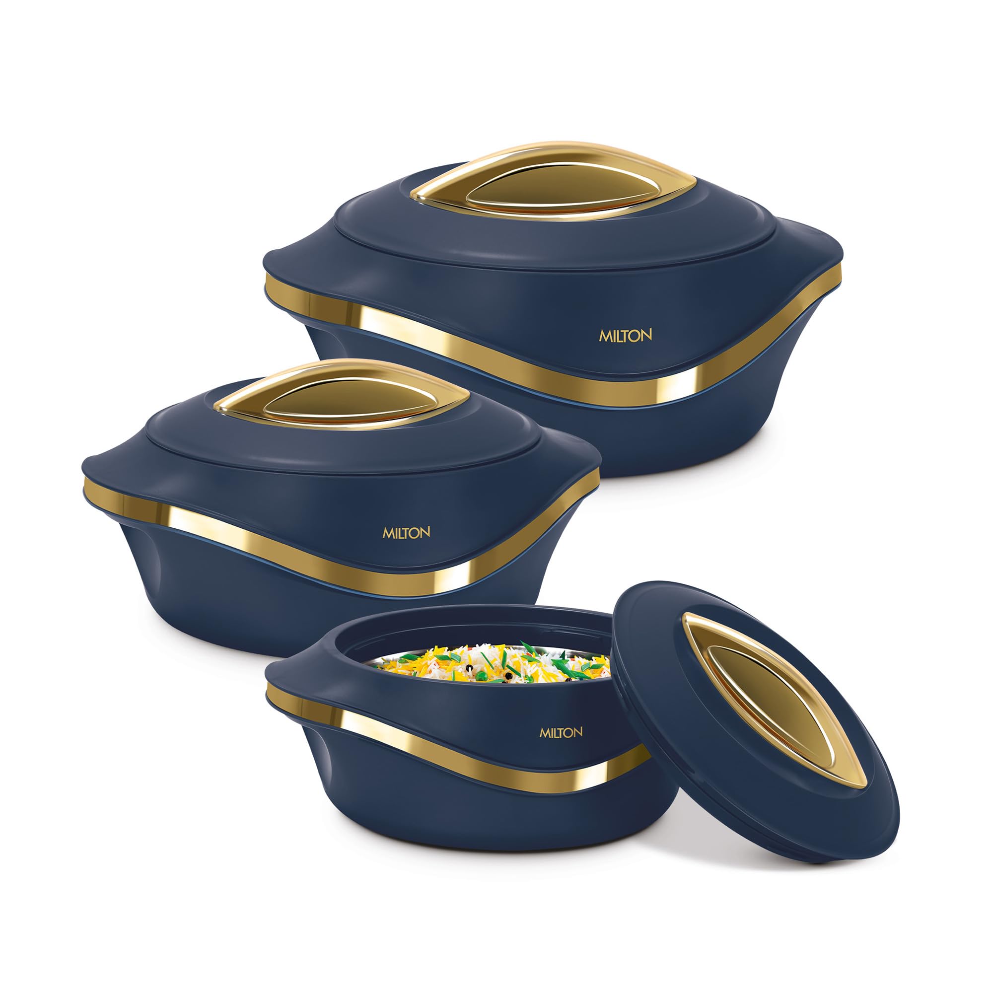 MILTON Pearl Inner Stainless Steel Jr. Set of 3 (860 ml, 1.27 Litre, 1.96 Litre), Blue | BPA Free | Food Grade | Easy to Carry | Easy to Store | Chapati | Roti | Curd Maker