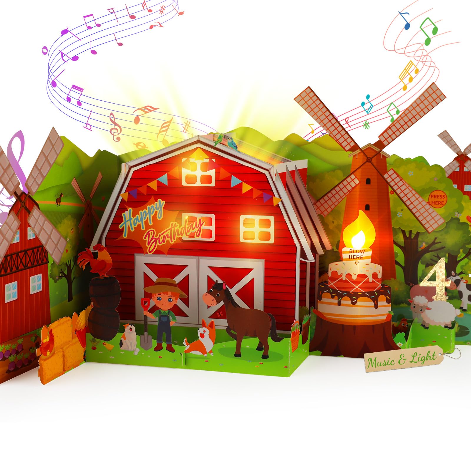 4th Musical Birthday Card for Boys, Girls, 3D Farm Pop-up Birthday Cards with Music & Lights & Blow-out Candle for 4-Year-Old Boys Girls Grandson Granddaughter Daughter Son
