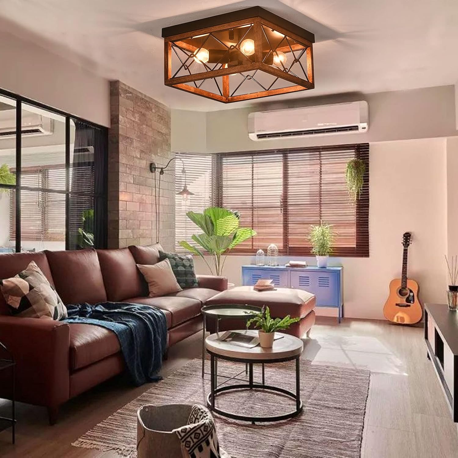 Light Brown Wooden Flush Mount Ceiling Light, Farmhouse 4-Light Wooden Close to Ceiling Lighting Industrial Retro Farmhouse Ceiling Light for Kitchen Living Room Bedroom Hallway, 12.6”x12.6”x6.2”