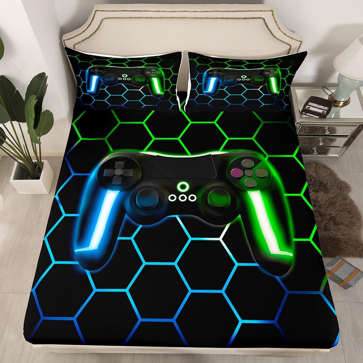 Erosebridal Game Controller Bedding Set - Queen Size Fitted Sheet + Flat Sheet + 2 Pillowcases - Gradient Diamond Geometric Pattern Bed Sheets Set 4pcs