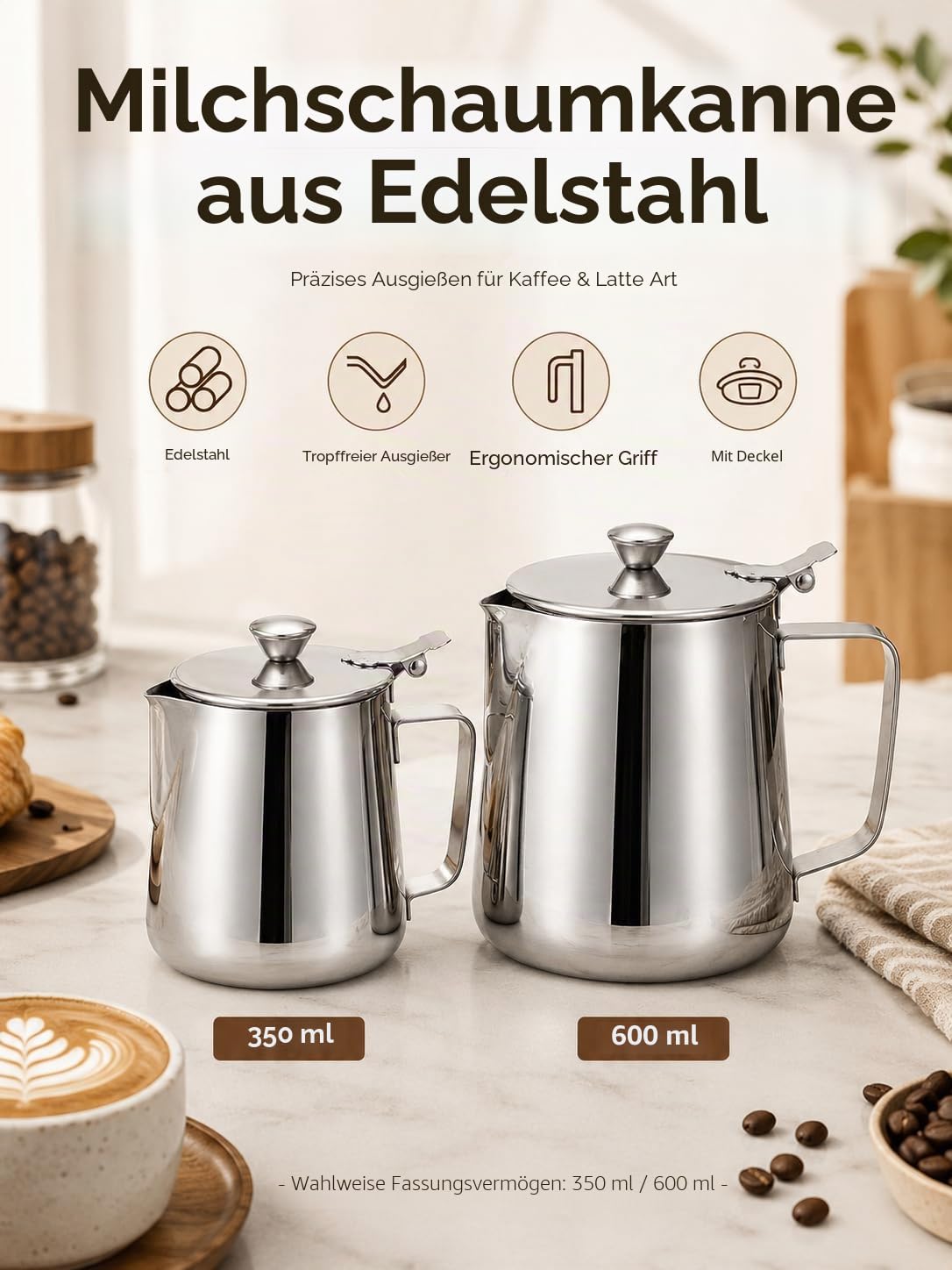 VOBOR Milch Pitcher,Edelstahl Kanne mit Deckel, Handheld Milchkännchen Edelstahl, Aufschäumbecher mit Anti Tropf Düsen und Griff Milchkanne für Espresso,Cappuccino,Latte,Barista (350ML)