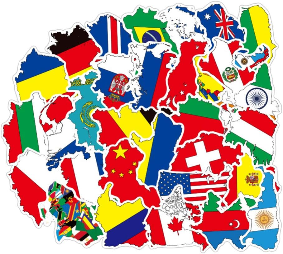 Toyvian 50Pcs National Flag Stickers Waterproof Removable PVC Decals for Luggage Car, Notebook, and More, Assorted Color, 6*5.5cm