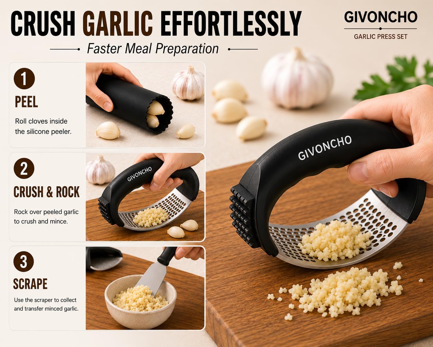 Garlic Press Rocker Set, Stainless Steel Garlic Crusher & Mincer with Silicone Peeler, Cleaning Brush & Scraper, Easy-to-Use Garlic Mincing Kitchen Tool