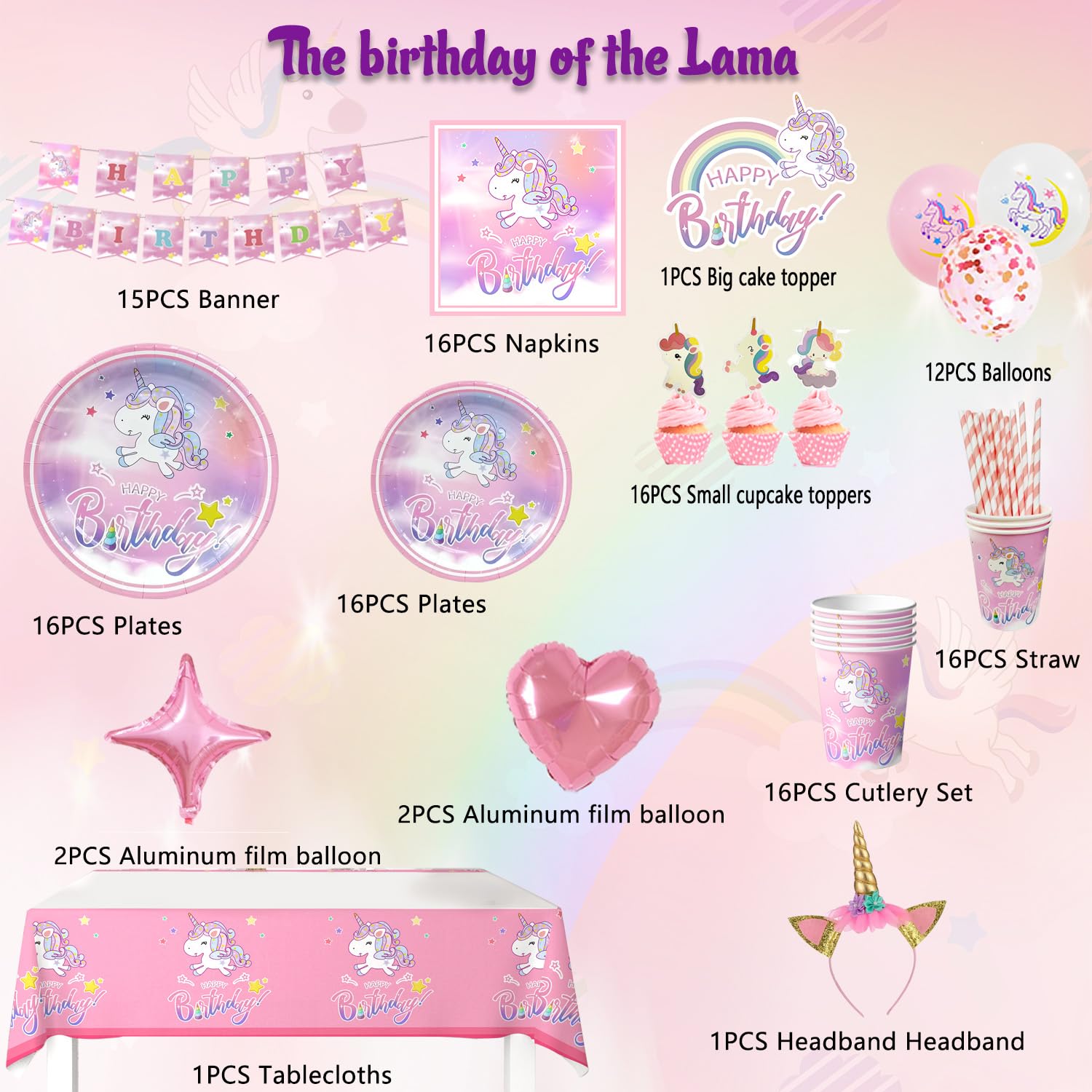 Forniture de Unicorno Festa Compleanno-130 Pezzi Kit Unicorno Compleanno Piatti Unicorno Bicchieri Tovaglioli Tovaglia Striscione etc Forniture de Festa Tema
