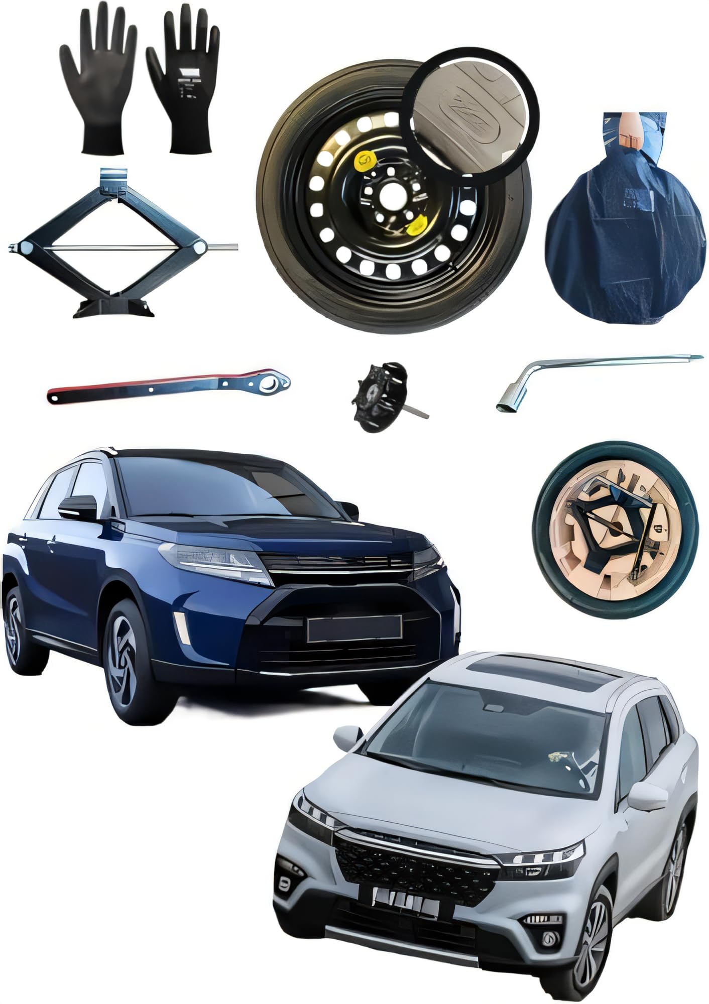 Kit Ruotino di Scorta 17" compatibile con Suzuki S-Cross/SX4/Vitara con Cric, Chiave, Guanti, Sacca,Organizer e vite di fissaggio per l'alloggiamento 135/80R17