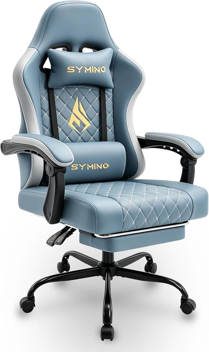 Symino Gaming Chair with Footrest, Linkage Armrests & 10cm Thick Seat, PU Leather Ergonomic Computer Chair, 150° Recline Office Chair, Light Blue