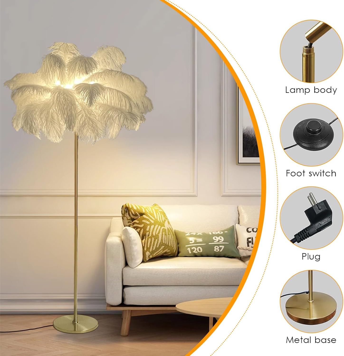 Ostrich Feather Lamp, Feather Floor Lamp,Standing Lamp Stepless Golden Pole Floor LED Lights, 3 Dimmable Lights Temperatures, Elegant Design for Corner, Bedroom, Living Room (62.99 Inch)