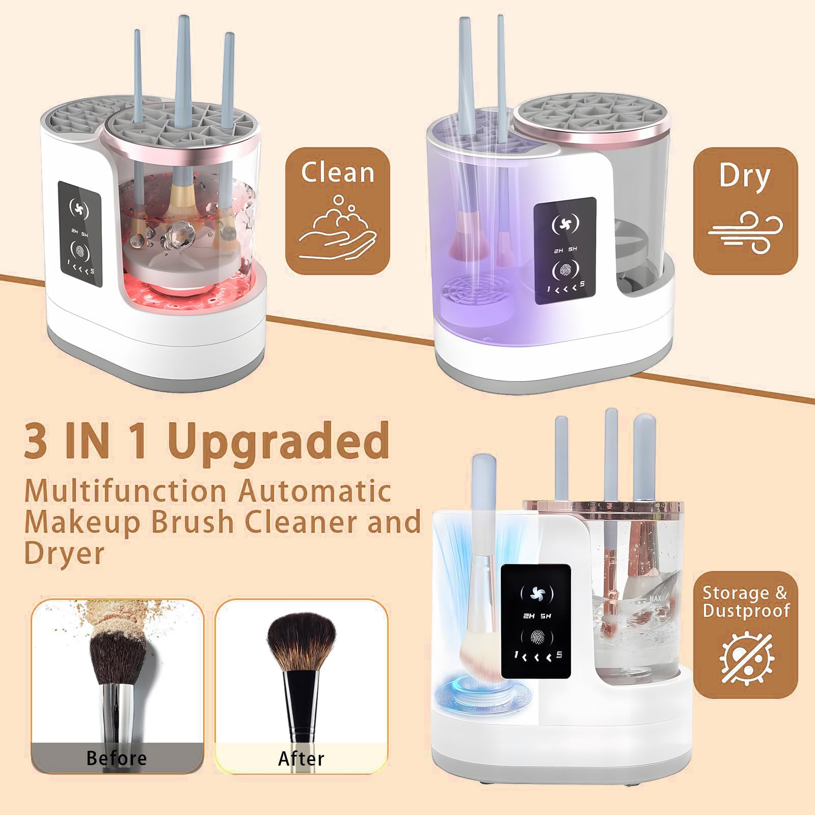 3-in-1 Makeup Pinsel Reiniger Elektrische Reinigungsmaschine mit Trockner & Halter - USB Betriebener Automatischer Pinselwäscher für Alle Größen Kosmetikpinsel & Beauty Blender, 5-Min Au