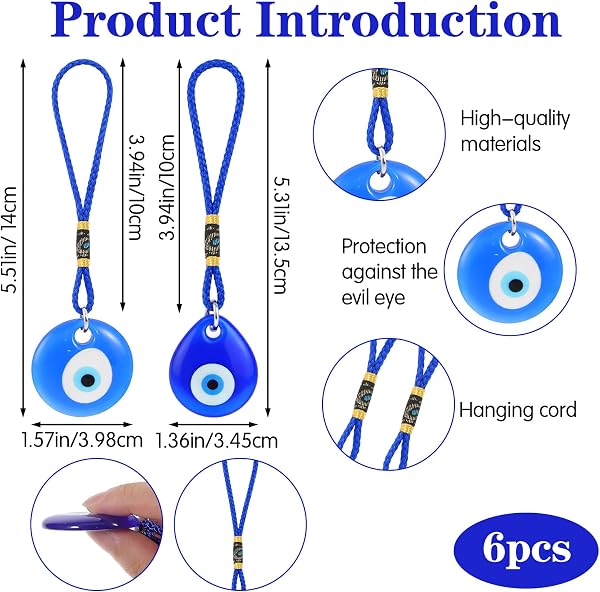 6 Blaue Glasanhänger mit dem Motiv des Bösen Blicks, türkisch-griechische Amulette, Auto-Accessoires, Wanddekoration für Glück und Wohlstand, Schutzamulett für Zuhause, Ostergeschenk(13.5cm /14 cm) - 2