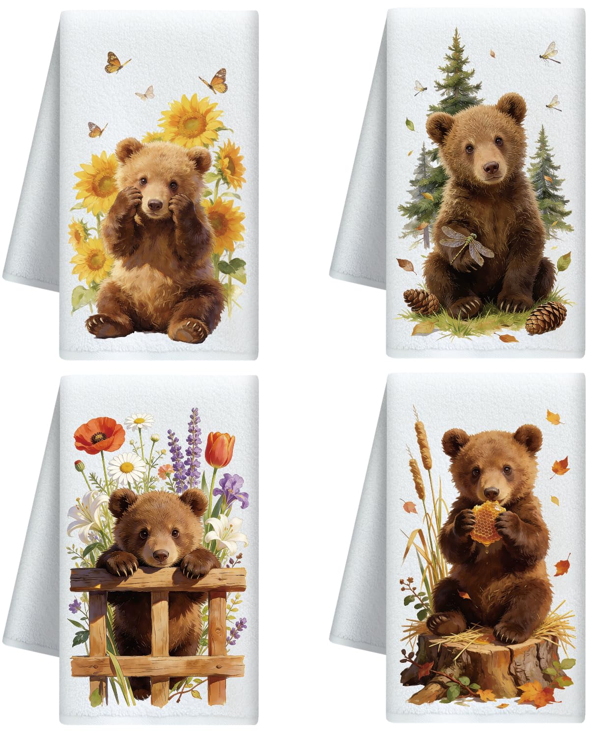 CUTHOLLOW Cute Bear and Forest Decorative Kitchen Towels Set of 4, 60x40cm Soft & Absorbent Microfiber Dish Towel for Kitchen Tea Coffee Bar Home, Best Gift for Mother's Day Housewarming Birthday