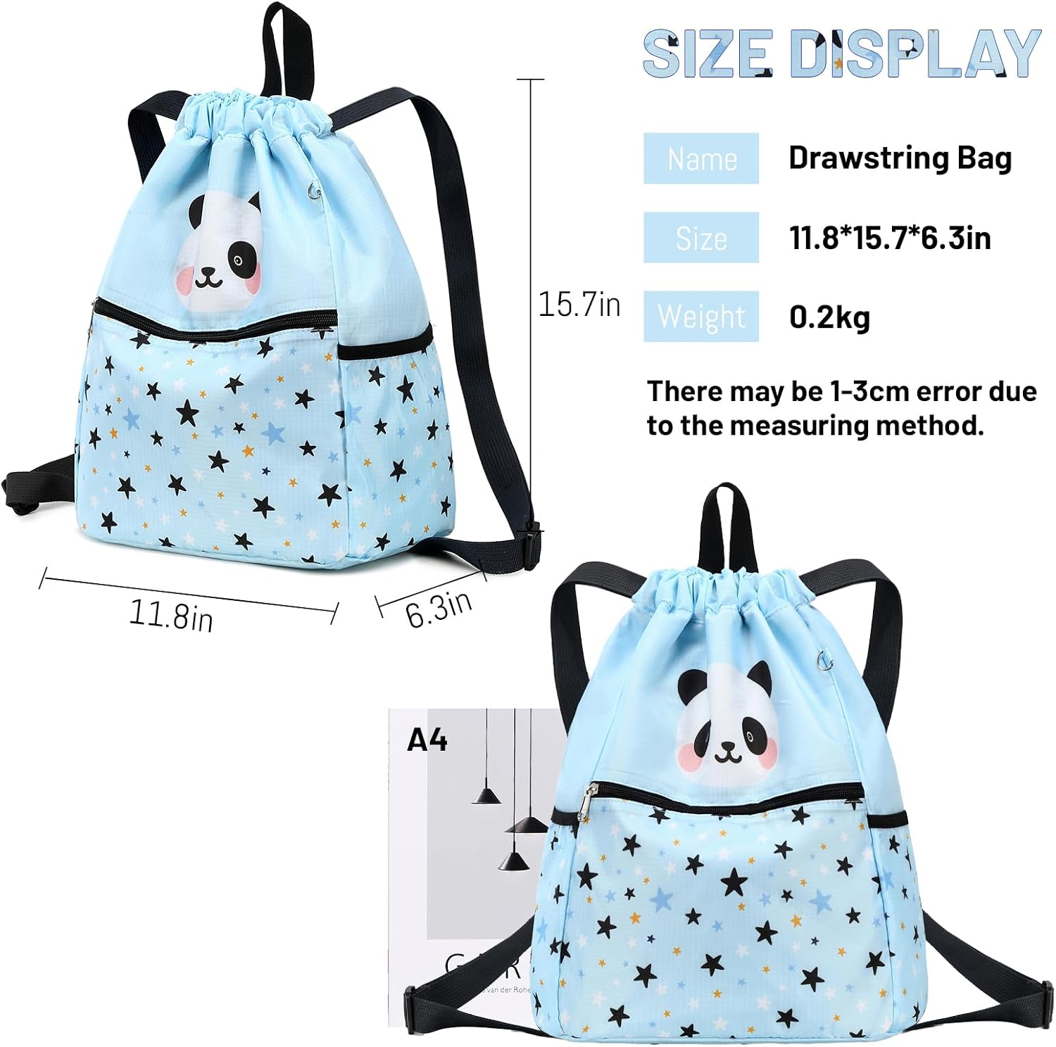 Drawstring Backpack for Kids - Panda Bags for Girls Mini Gym Dance Beach Swim Travel Bag With Two Water Bottle Holder Light Blue image 2