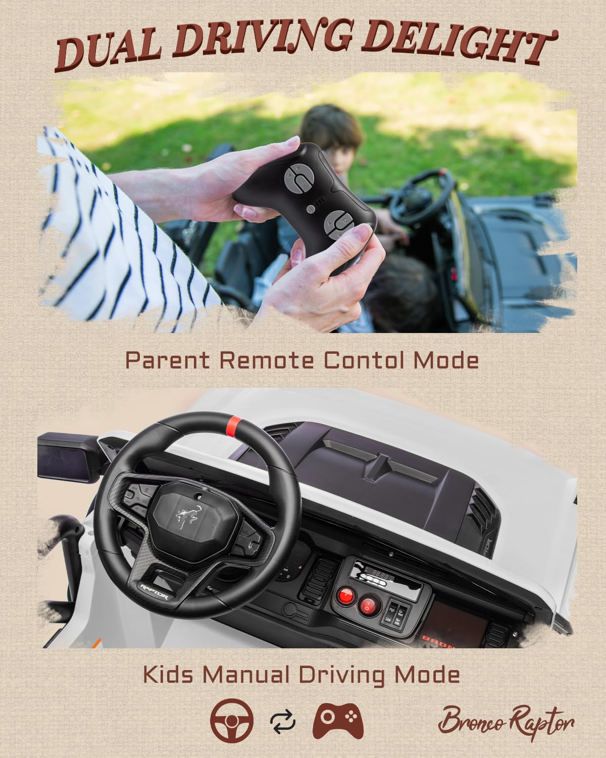 Licensed Ford Bronco Raptor 24V 2 Seater Kids Ride on Toys, Battery Powered Electric Ride on Car, Remote Control Electric Car w/Led Lights, Music, High Low Speed (24V, White)