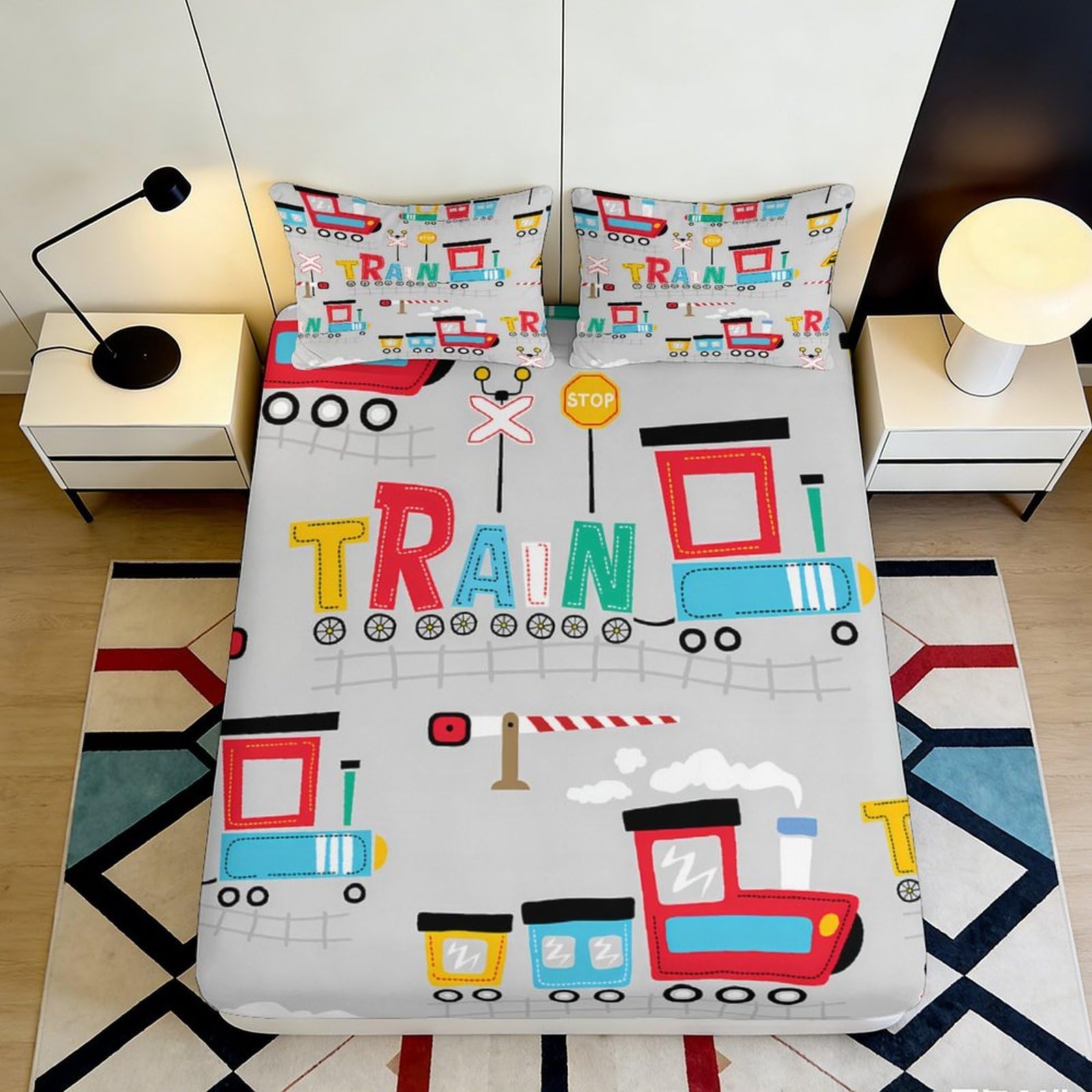 Uxinyoume Style-8 3D Printed Cartoon Train Fitted Sheet Microfiber Soft Anti-Slip Railway Bed Cover For Bedroom Dorm Guest Room Decor 90X200x25cm