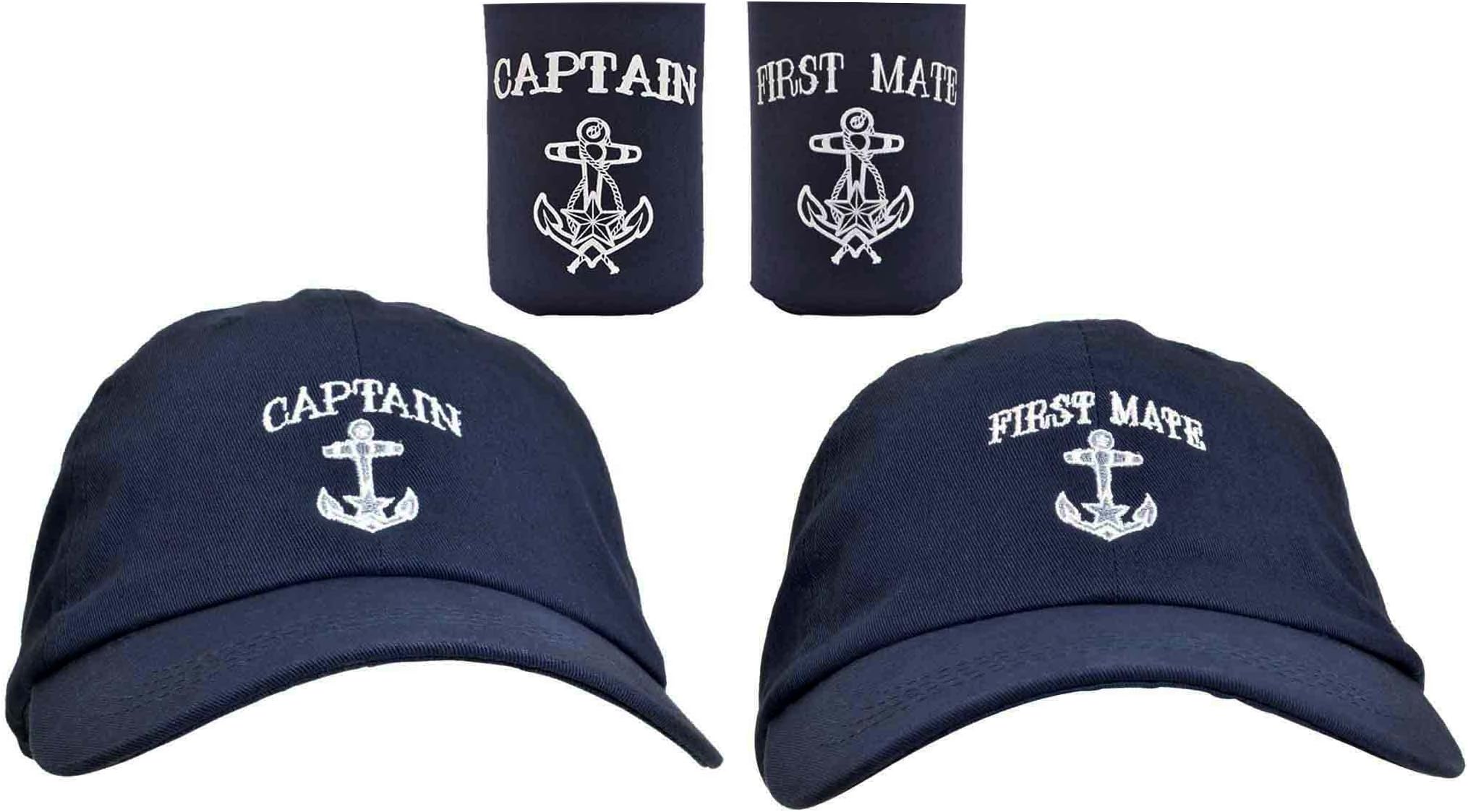 Funny Sailing Captain and First Mate Hat Embroidered Cap and Funny Beer Coolies Can Coolers Gift Set Bundle