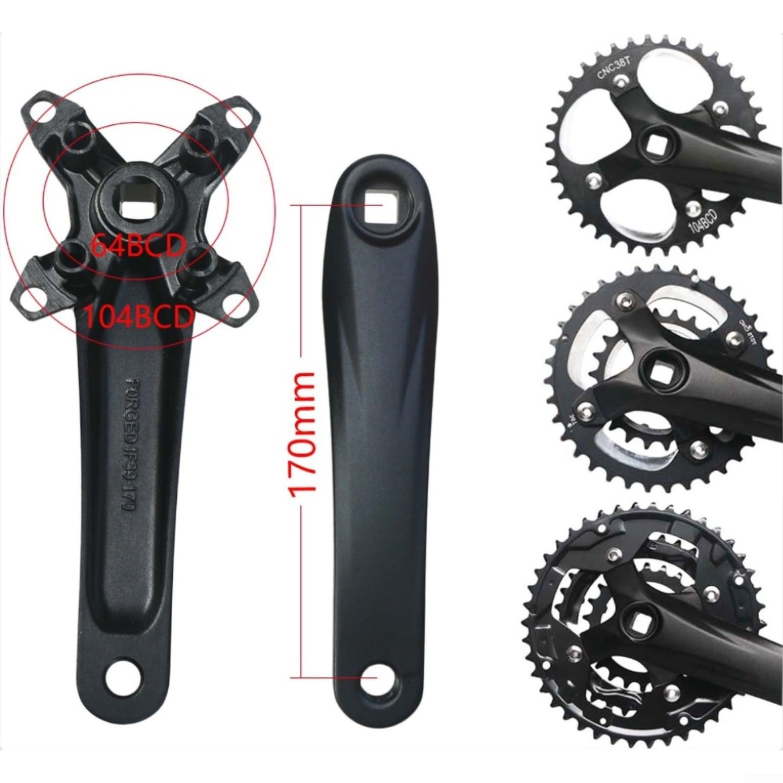 Guarnitura per mountain bike, 170 mm, in lega di alluminio, 104BCD, corona a 4 bulloni, 32-40 denti, nera, per ciclismo fuoristrada (40T)