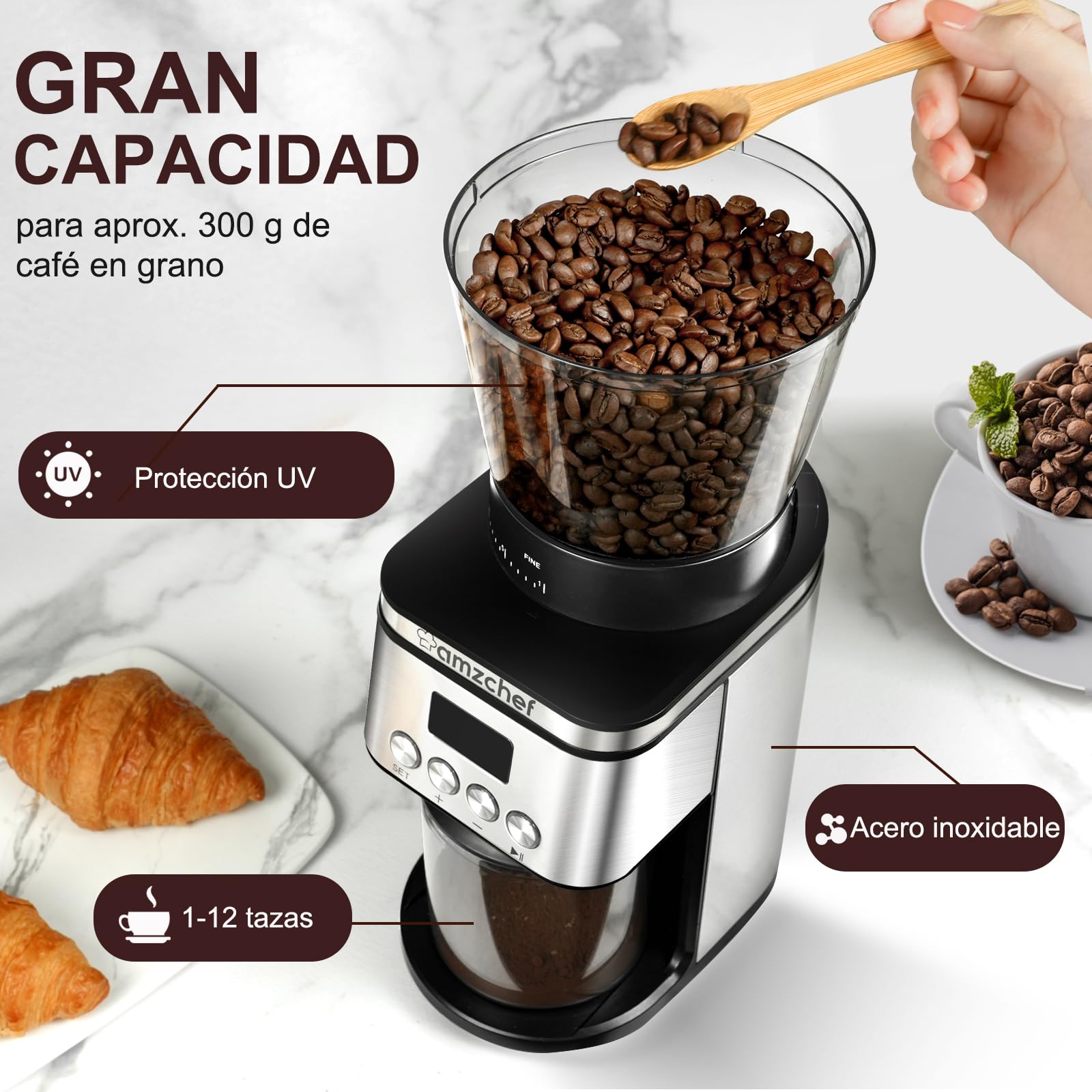 AMZCHEF Molinillo Cafe Electrico 160W | 30 Ajustes de Molido Grueso a Fino | 1-12 Tazas o Hasta 40 Segundos | Molinillo Café de Fresas | Capacidad de 300 g | Pantalla LCD y Temporizador Digital