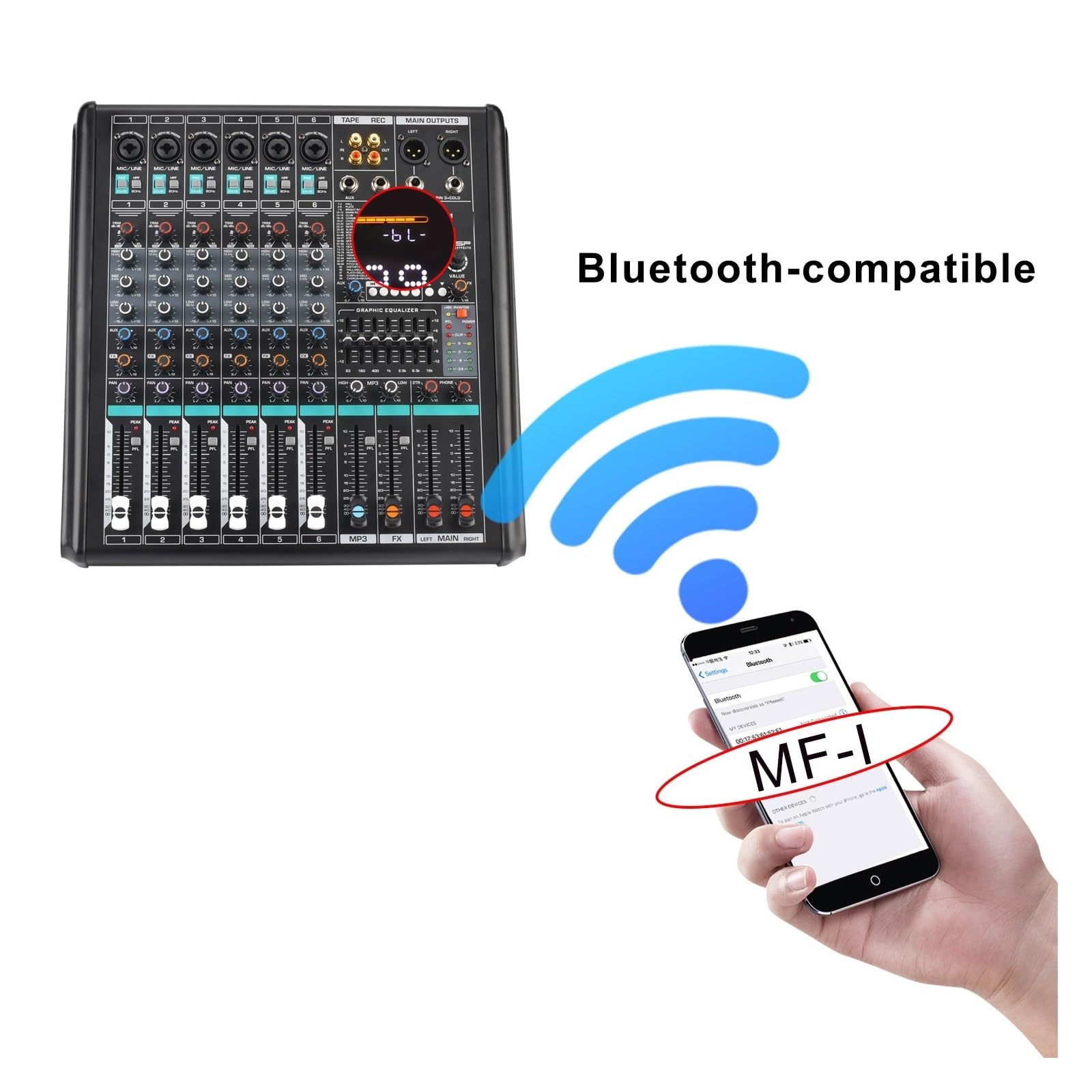 DJ-Audiomixer 6-Mono-Kanal-Mischpult, Monitor, Low Cut, 99 DSP-Effekt-PAD, Bluetooth-Audio-Sound-Mixer, 7-Band-EQ, USB-Aufnahme