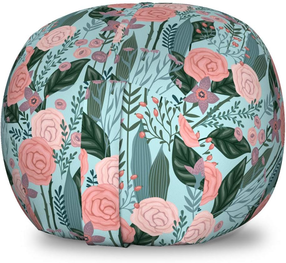 Ambesonne Botanical Storage Toy Bag Chair, Arrangement of Flowers Blooming Garden Art, Stuffed Animal Organizer Washable Bag, Small Size, Teal Coral