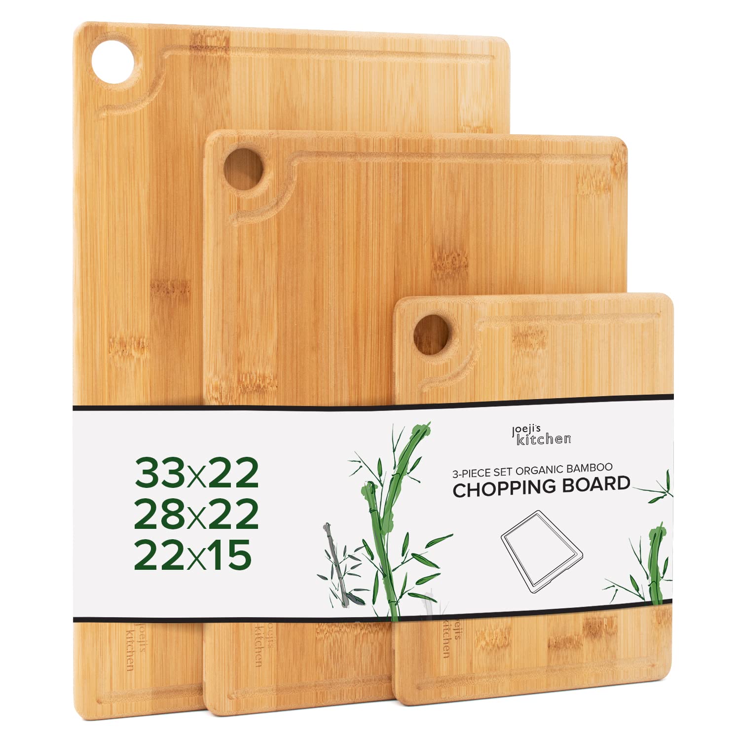 Joeji's Kitchen Set of 3 Bamboo Chopping Boards – Durable Wooden Chopping Board 20 x 15 cm 28 x 22 cm & 33 x 22 cm Wooden Kitchen Chopping Board