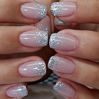 Ceboic 24 Stück Nägel Zum Aufkleben Kurz, Square Französische Press on Nails Rosa Glitzer Künstliche Nägel, 12 Größen Fingernägel zum Aufkleben Full Cover Fake Nails Kunstnägel für Frauen & Mädchen
