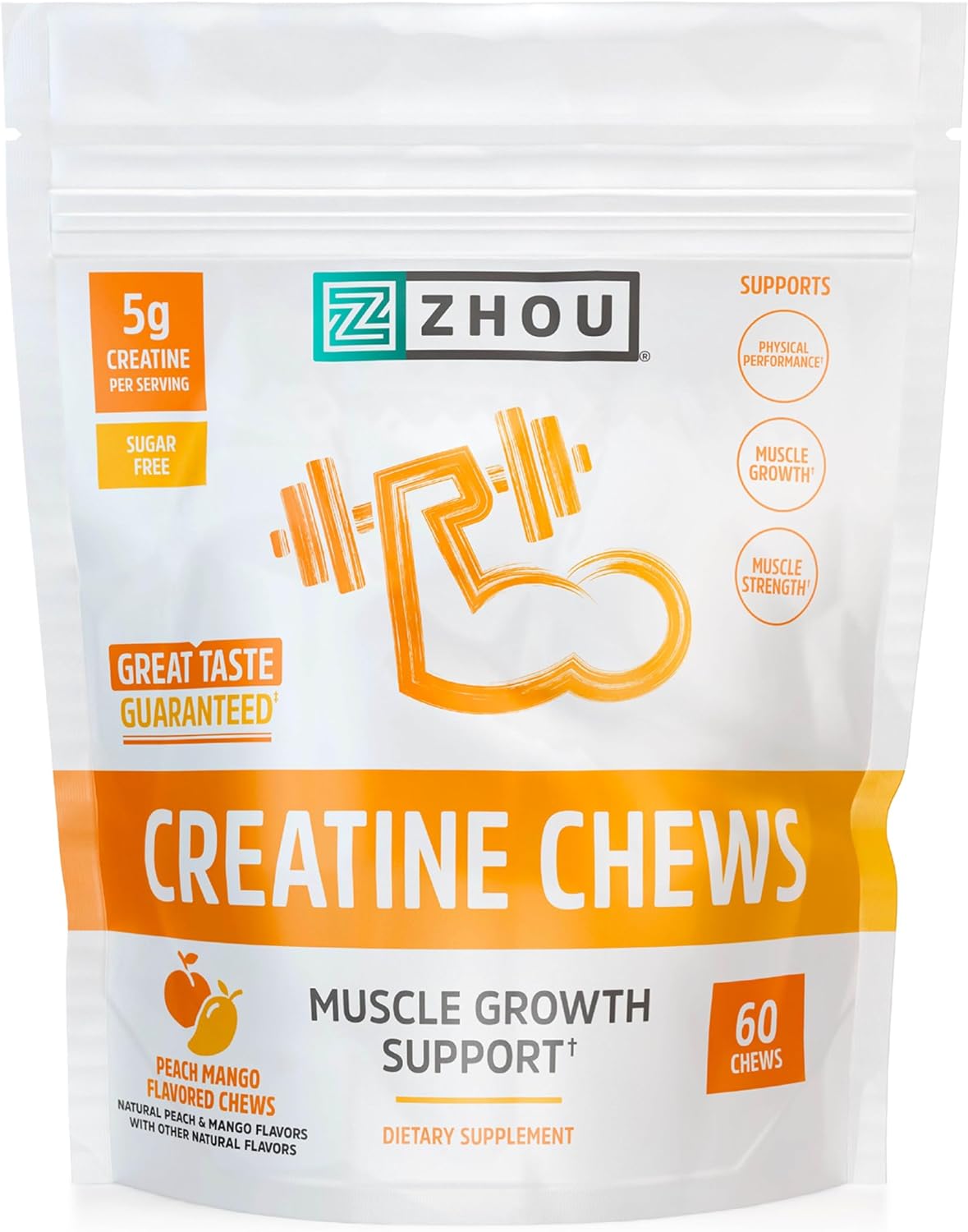 ZHOU Creatine Chews - Creatine Monohydrate Gummies for Men & Women with Vitamin B12, Sugar Free, Vegan, Organic, Non GMO, 5g Per Serving - Peach Mango Flavor, 20 Servings, 60 Chews