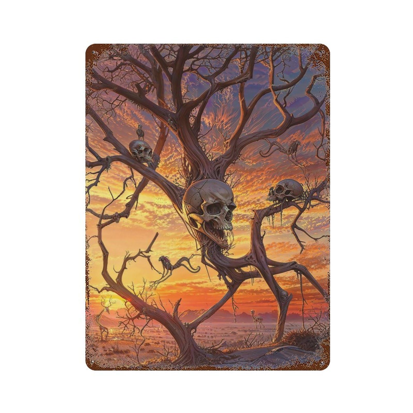 Tree Branch Skull Animals 15.7"x11.8" Vintage Rust Metal Sign, Shabby Chic Decor for Garage, Bar And Workshop Decor