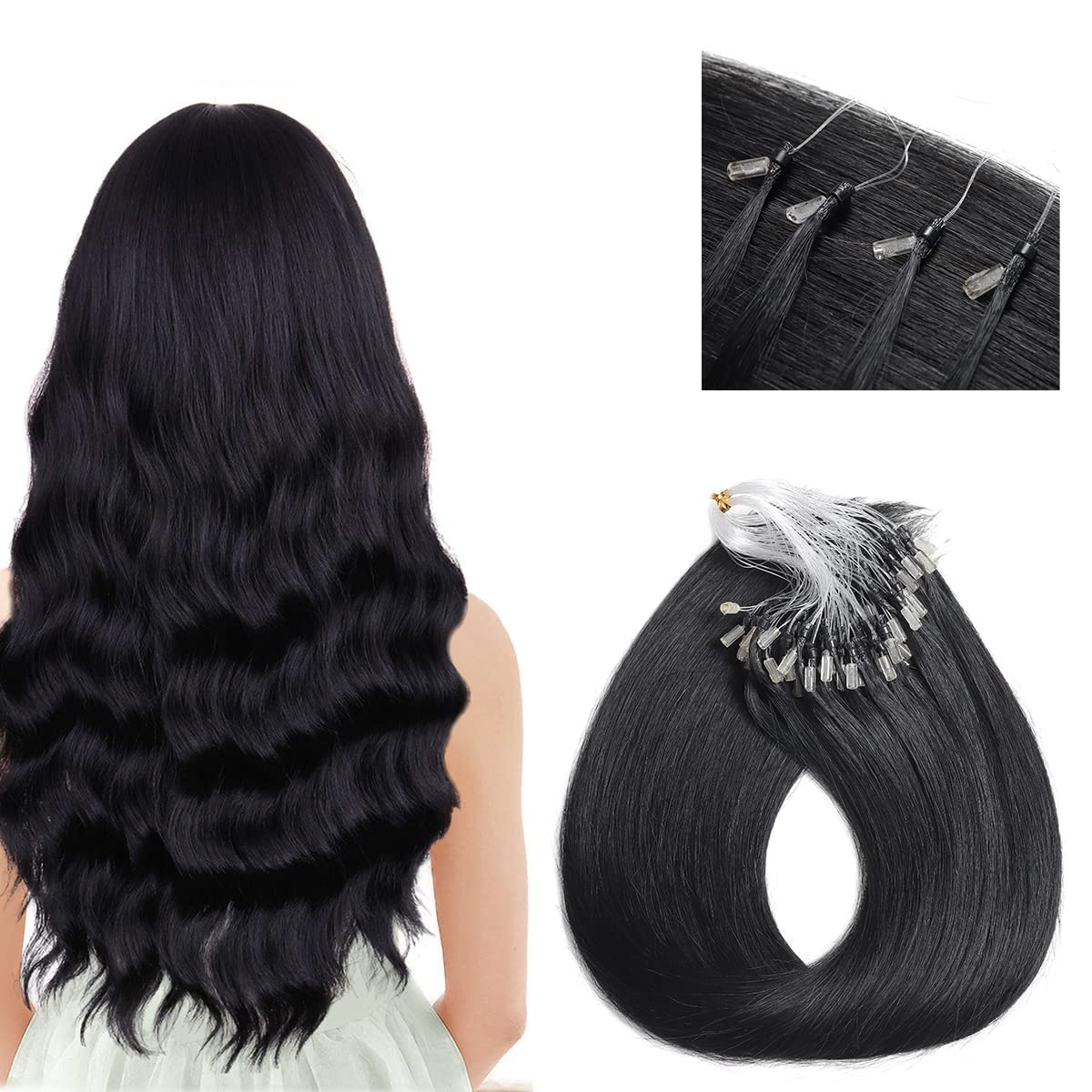 Micro Loop Echthaarverlängerungen Micro Bead Haarverlängerungen Echthaar Microlink Haarverlängerungen Echthaar Micro Ring Haarverlängerungen 100 Stränge für Frauen,Schwarz,14in