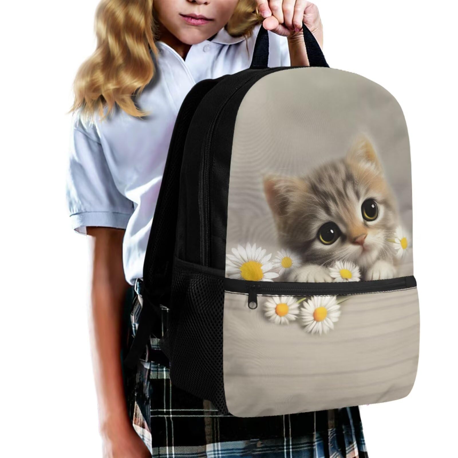 Set di zaino per la scuola per bambini, per ragazzi e ragazze, borsa portapranzo, astuccio, confezione da, Gatto Daisy Grigio
