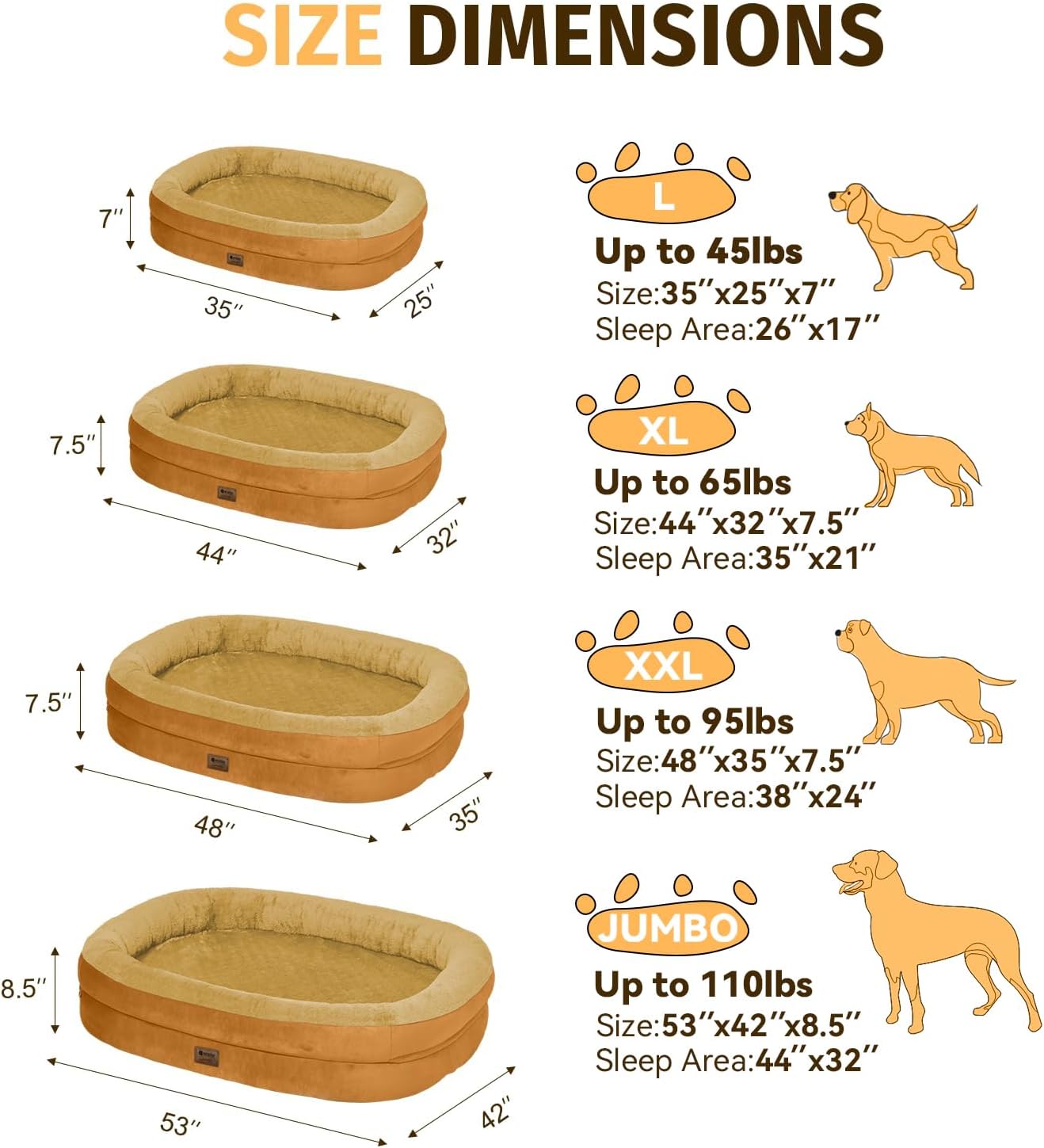 orthopedic waterproof large dog bed: memory foam washable dog bed with bolsters - xl removable washable cover for medium large sized pet - non-slip bottom - orange 44"l x 32"w x 7.5"th orange