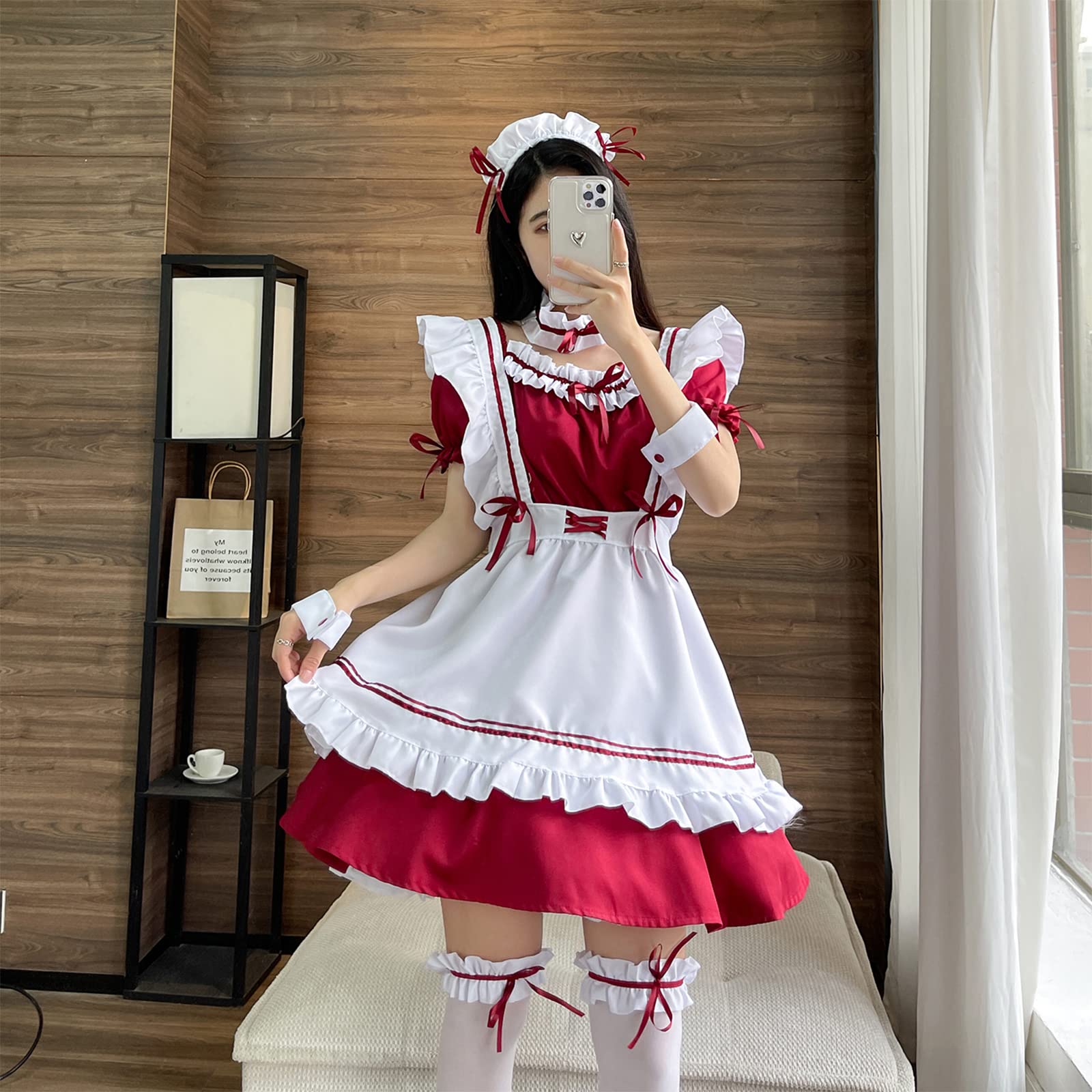 LISANEK Maid Outfit Anime Cosplay Lolita Dress French Maid Costume Plush Cat Ear Socks Set (S, Red) - Image 3