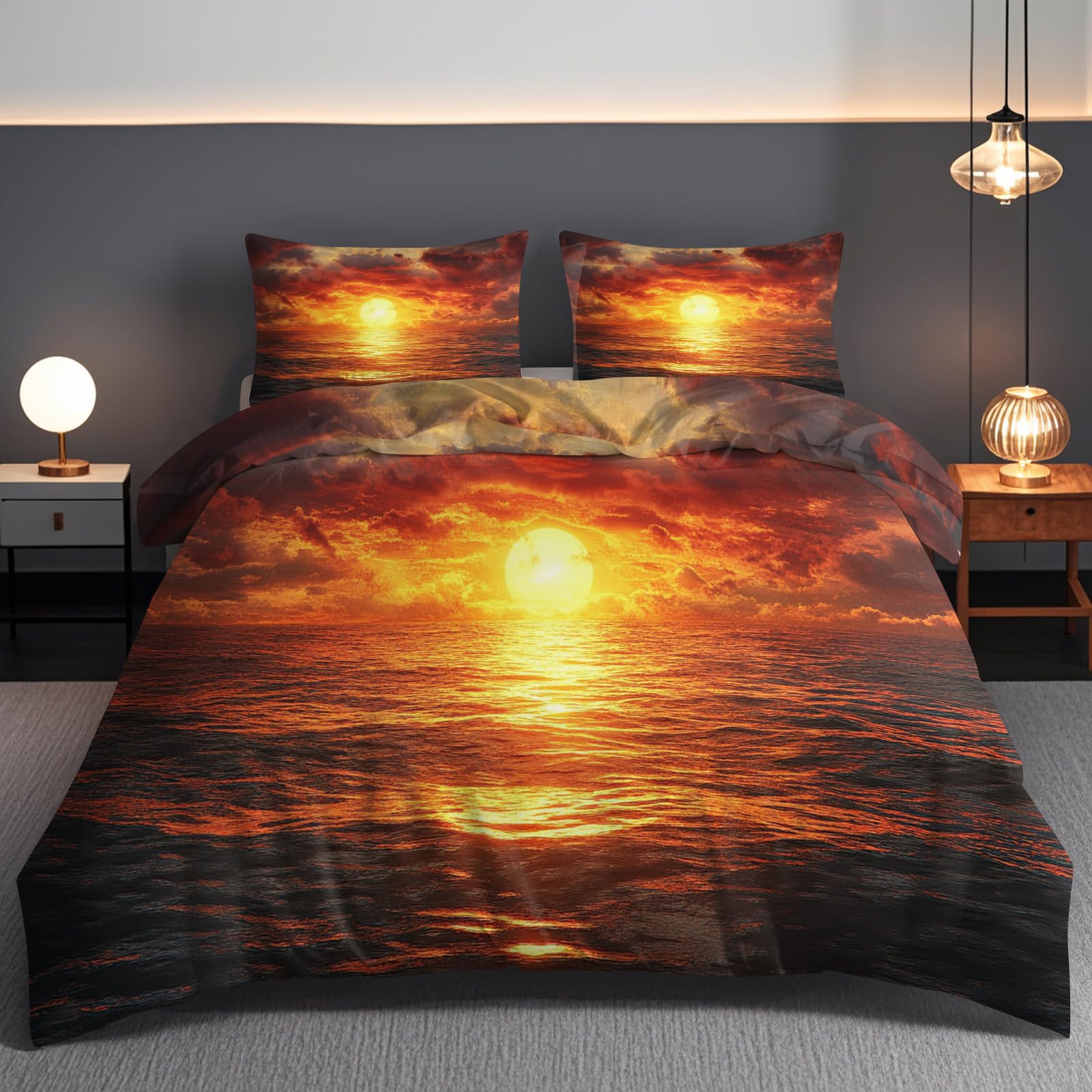 Sunrise At Sea Duvet Cover Set Soft Microfiber Single Comforter Cover Orange Sky Quilt Bedding Set with Hidden Zipper Closure And Comforter Cover Pillowcase