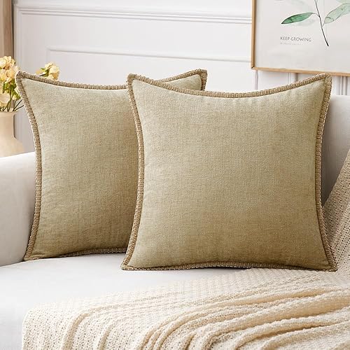 MIULEE Pack of 2 Couch Throw Pillow Covers 18x18 Inch Beige Farmhouse Decorative Pillow Covers with Stitched Edge Soft Chenille Solid Dyed Pillow Covers for Sofa Bed Living Room