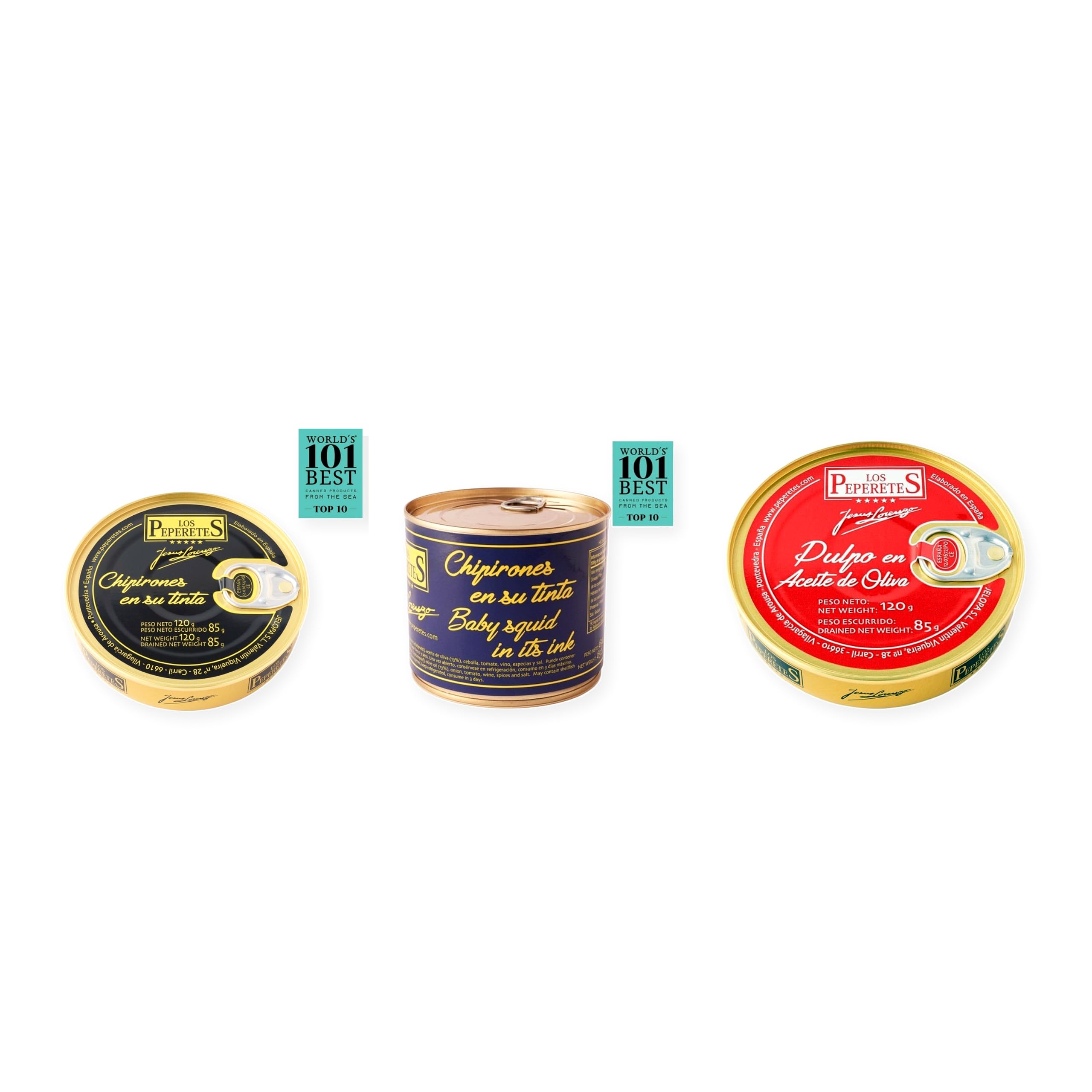 los peperetes conservas Chipirones Tinta 120g, Chipirones Tinta 460g y Pulpo Aceite Oliva pack 3 latas