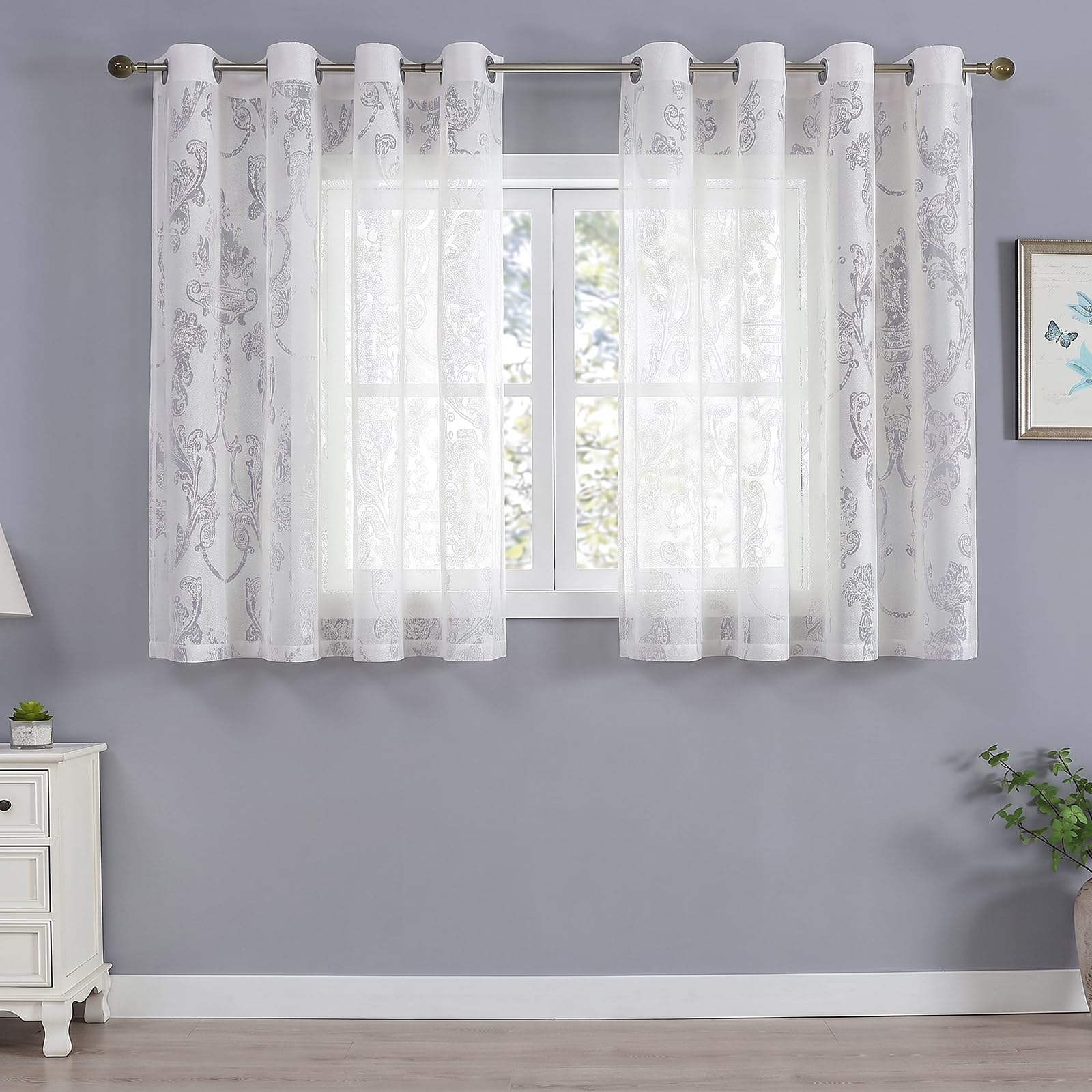 White Floral Jacquard Voile Curtains - Vintage Damask Eyelet Net Curtains, Semi Sheer Light Filtering Drapes for Living Room & Bedroom, French Shabby Chic Elegance (2 Panels)-W52 x L54 inch