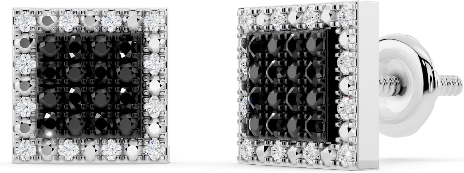 Dazzlingrock Collection 0.15 Ctw Black & White Natural Diamond 6.5mm Square Micropave Hip Hop Studs in 925 Sterling Silver, Unisex Design Ladies,Mens Real Diamond Earrings