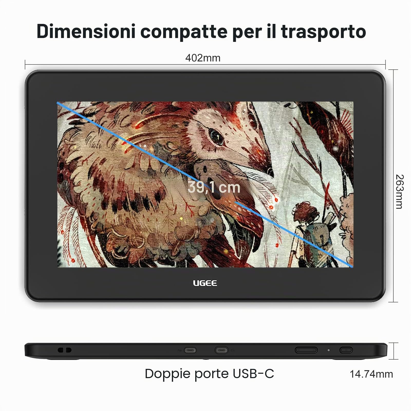 UGEE U1600 tavoletta grafica con schermo,15.4" FHD tavoletta grafica, SRGB 127% Monitor da Disegno,Compressa con film antiriflesso AG, Senza Batteria con 8192 Livelli con gomma digitale