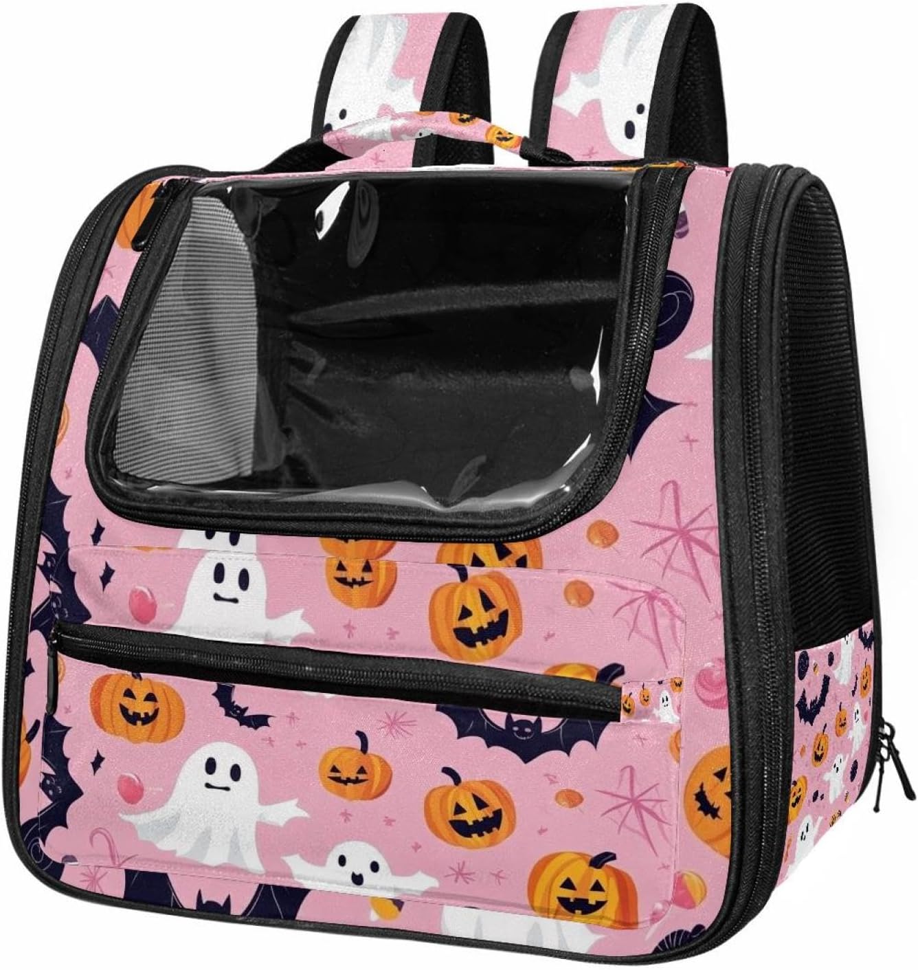 Portable Travel pet Backpack Carrier Hamster Bag Small Dog cat Carrier Breathable Hang Bag, Halloween Bats Candies Pumpkins