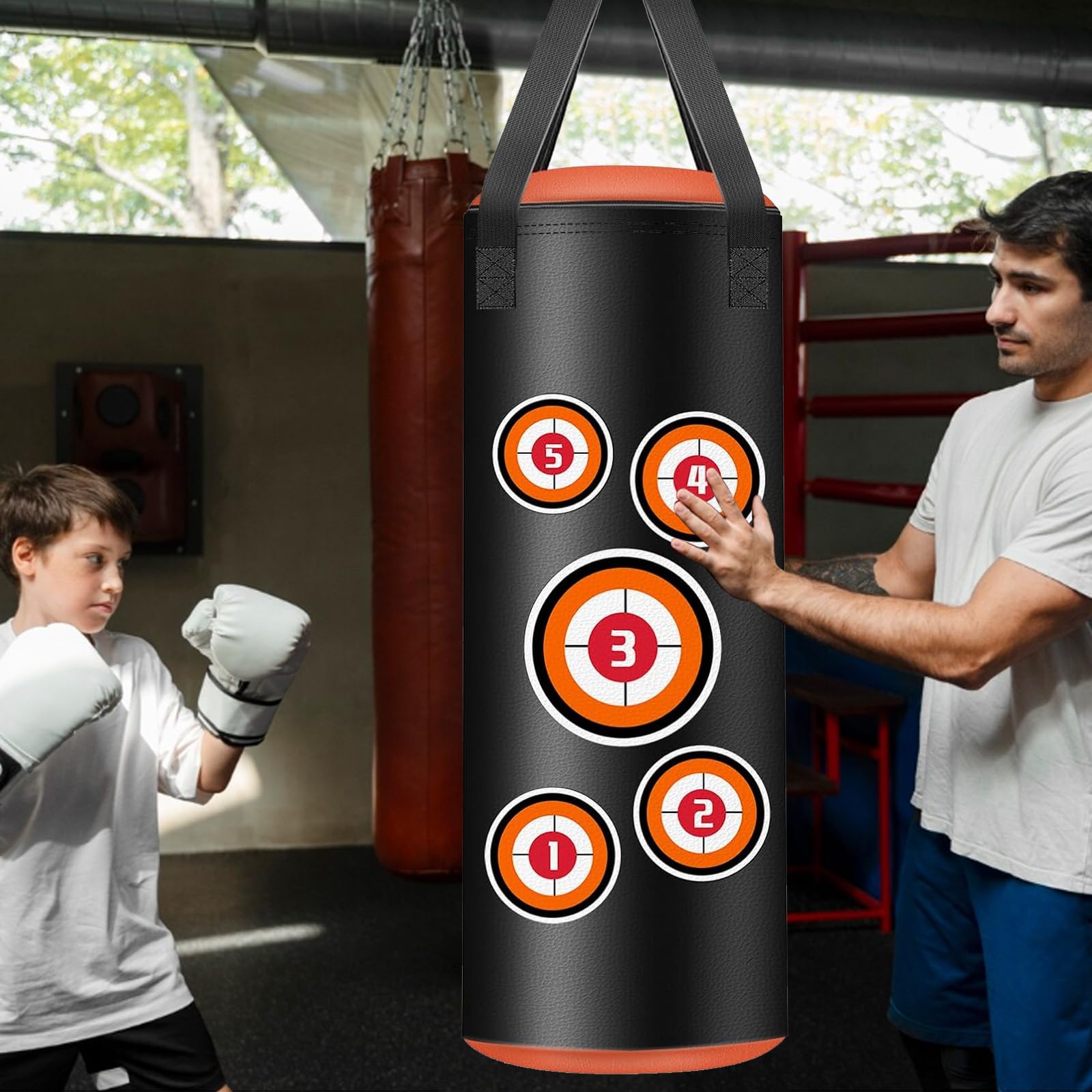 Saco de Boxeo Colgante para Niños, 60cm Sin Relleno Juego Colgante con Guantes, Cadenas y Ganchos de Fijación, Saco de Boxeo de Piel de Microfibra para Entrenamiento Kickboxing Fitness Niños Workout