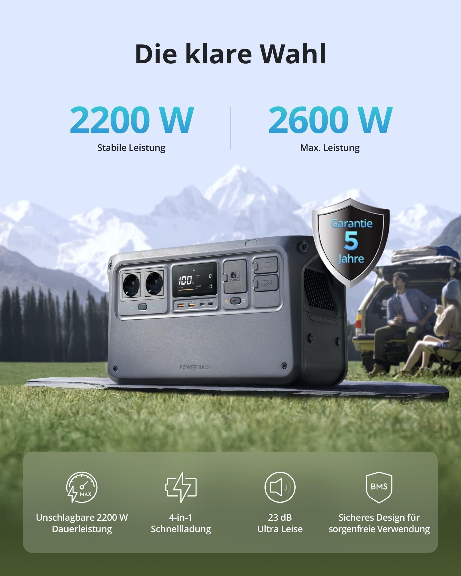 DJI Power 1000 Tragbare Powerstation 1024Wh, 2200W Solar Generator, LiFePO4 Akku, 4-in-1 Schnellladung Power Station, 23db Ultra-Leise, Notstromaggregat (power 1000)