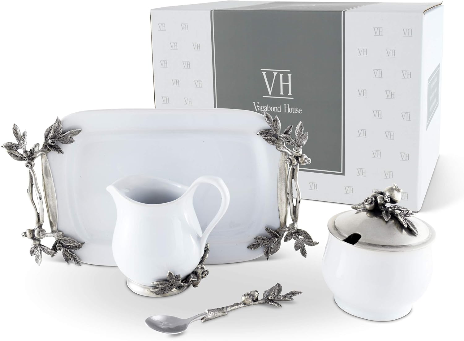 Vagabond House Stoneware Creamer Set - Pewter Blueberry 5 Pieces - cream pitcher, lidded sugar bowl, decorative handle sugar spoon and tray for Coffee and Tea 12.25 inch Long Tray