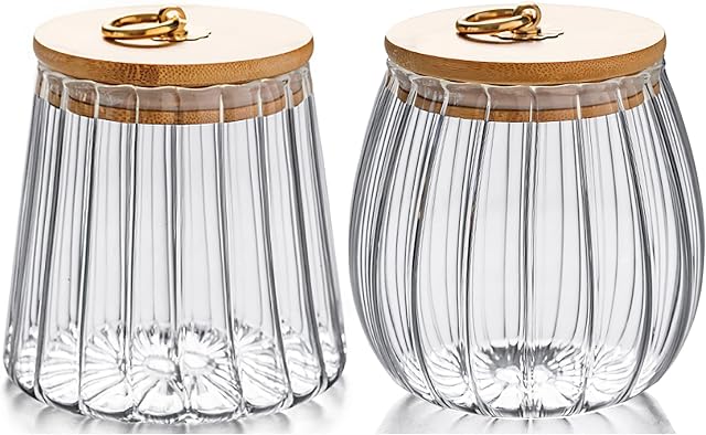 FANTESTICRYAN Glass Coffee Nuts Canister Airtight Storage Jar Petal Decorative Container with Bamboo Lid Metal Handle Easy to Grasp (small set)