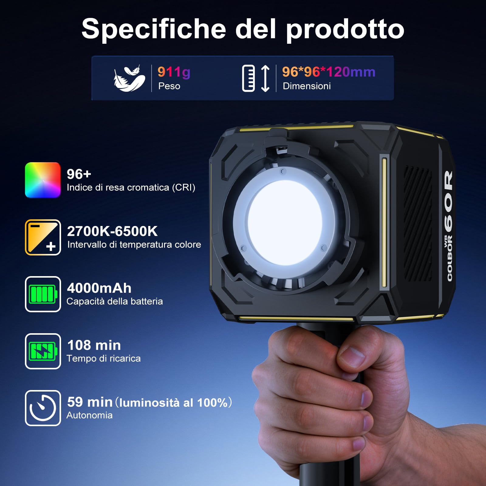 COLBOR 60W Luce Video LED con Batteria Integrata 59Wh, Lampada COB RGBW Portatile, 2700K-6500K Bi-Color, CRI 96+, Controllo App, Ricarica PD/DC, Illuminazione Professionale per Esterni e Studio