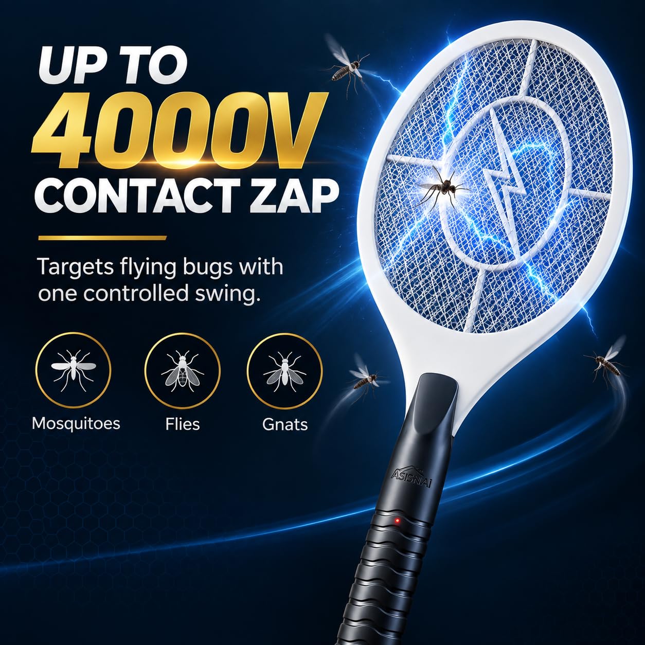 Bug Zapper Racket, Elektrische Fliegenklatsche für Mücken, Fliegen und fliegende Insekten, 45,7 cm Handheld-batteriebetriebener Fliegenvernichter für den Innen- und Außenbereich, 2 AA-Batterien