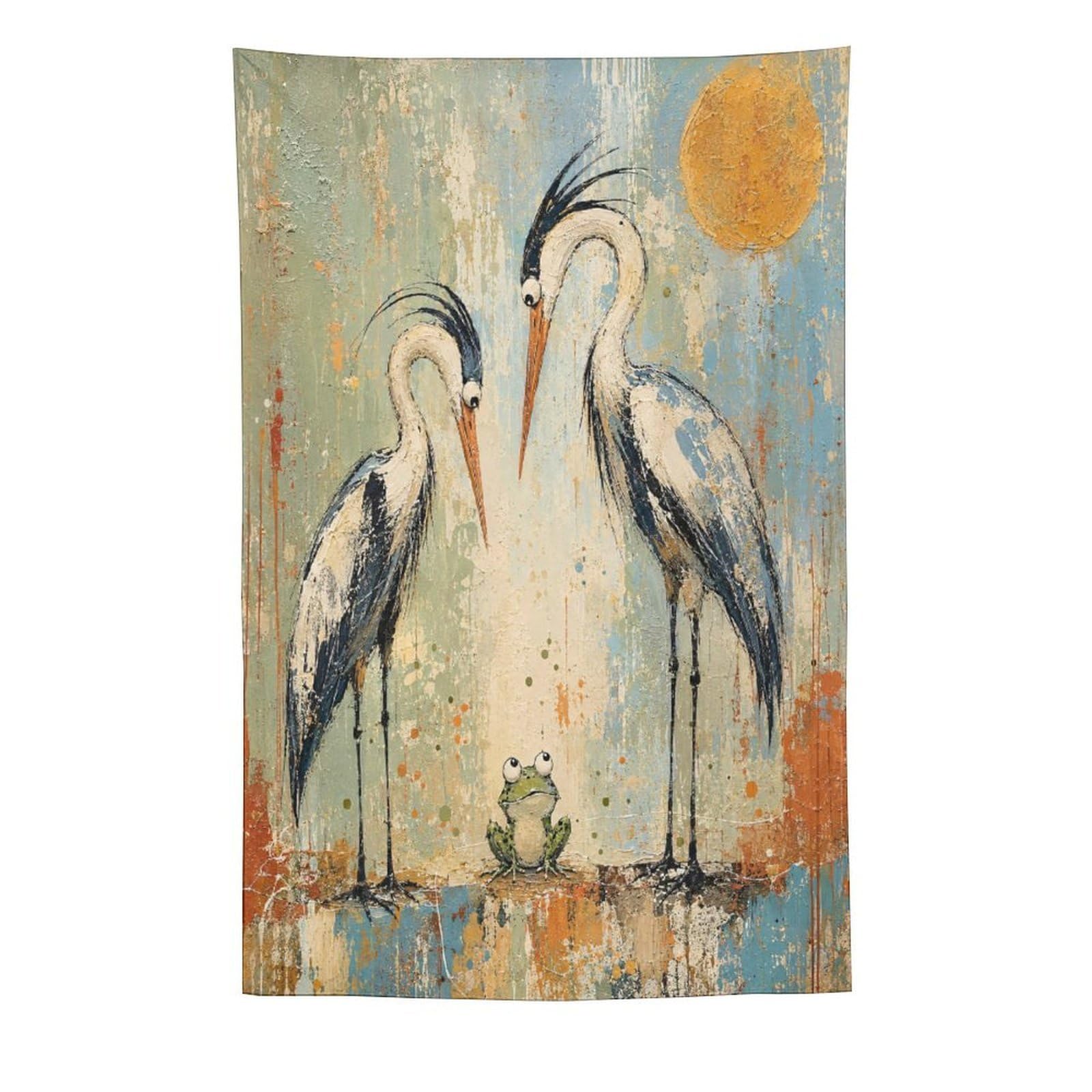 H3B8U2Y5 Cranes with Frog Wall Tapestry, Asian Ink Style, Apartment