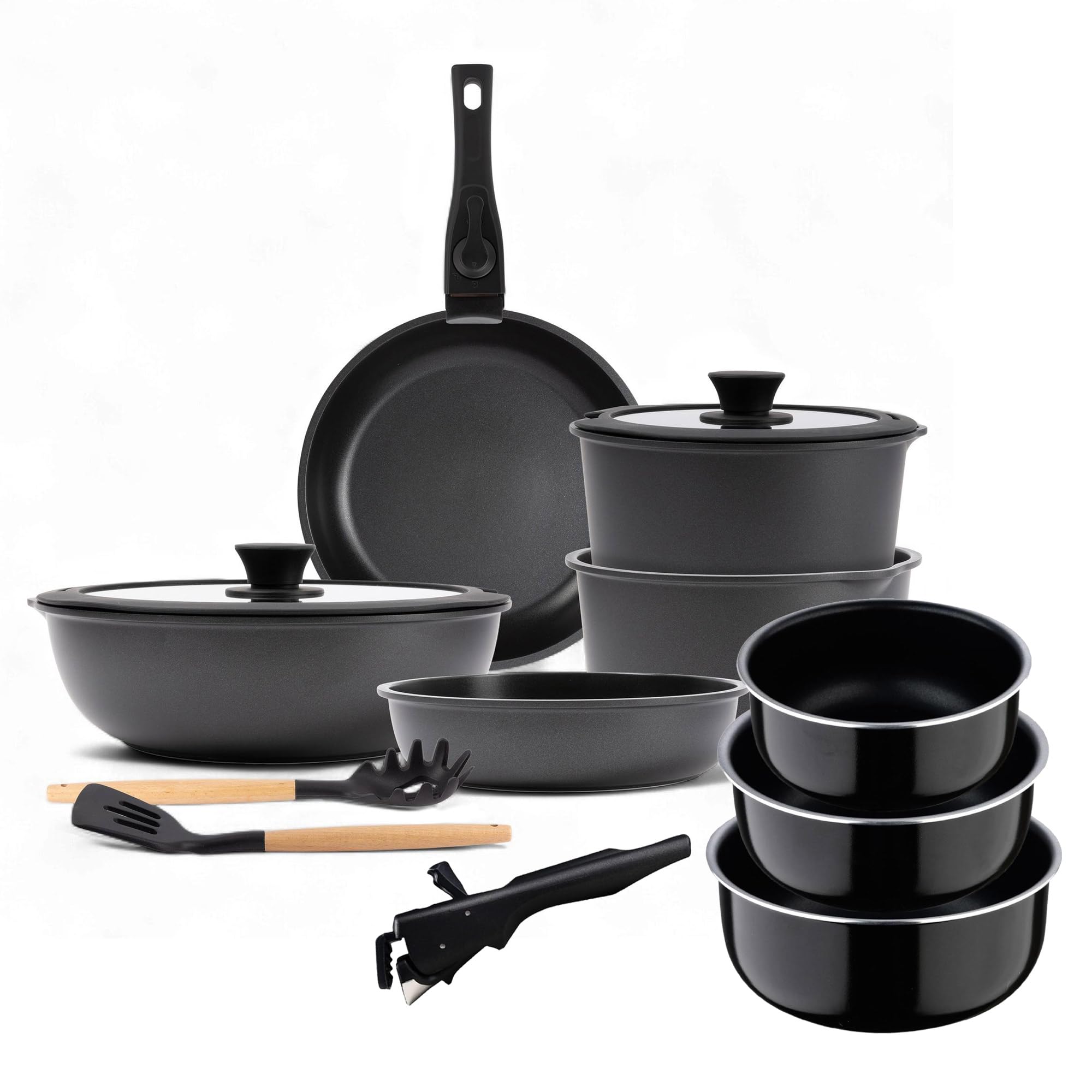 Bergner Batterie de cuisine 10 pièces | Poignée amovible, 3 poêles, 2 casseroles, couvercles et ustensiles + 3 casseroles Ø16Ø18Ø20cm + leur poignée amovible
