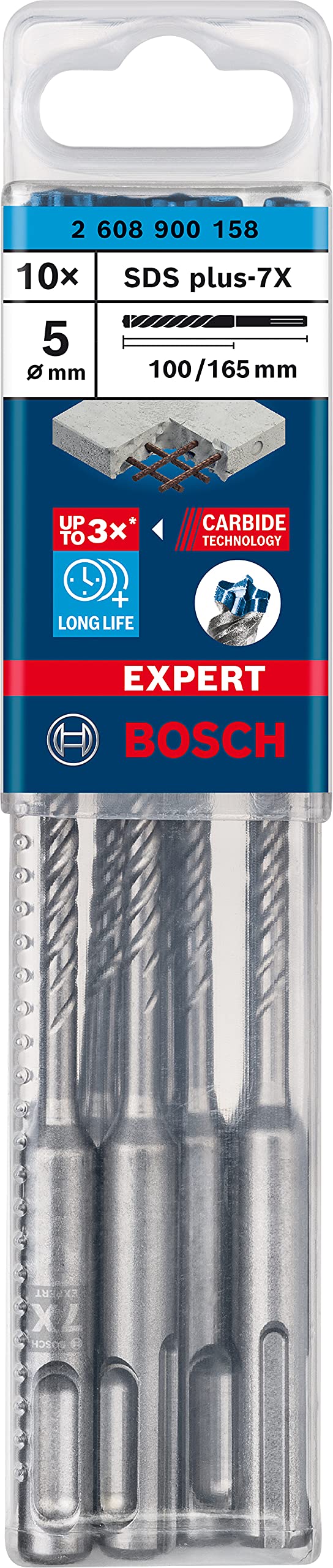 Bosch Professional 10x Brocas para martillo Expert SDS plus-7X (para Hormigón armado, Ø 5.00 x 165 mm, accesorios Martillo perforador rotativo)
